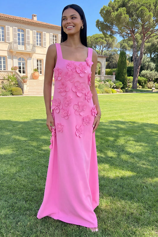 Hot Pink A Line Square Neck Floral Maxi Wedding Guest Dress