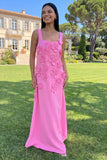 Hot Pink A Line Square Neck Floral Maxi Wedding Guest Dress