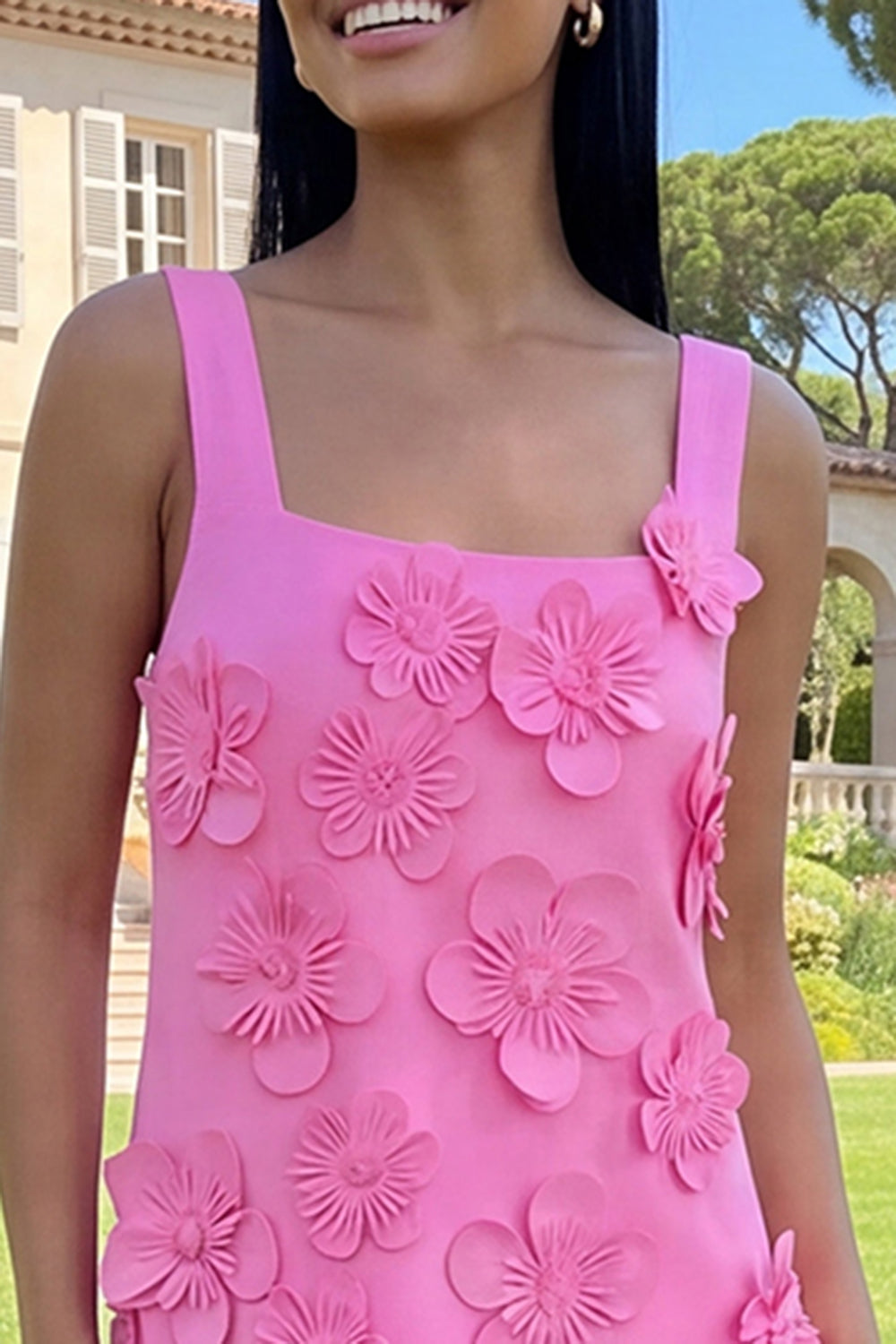 Hot Pink A Line Square Neck Floral Maxi Wedding Guest Dress