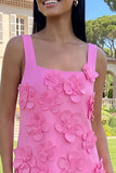 Hot Pink A Line Square Neck Floral Maxi Wedding Guest Dress