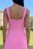 Hot Pink A Line Square Neck Floral Maxi Wedding Guest Dress