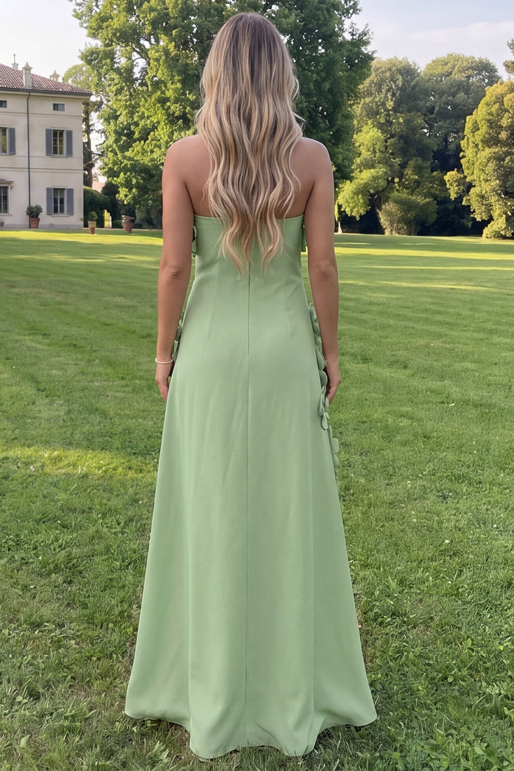 Sage Green A Line Strapless Floral Maxi Wedding Guest Dress