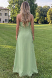Sage Green A Line Strapless Floral Maxi Wedding Guest Dress