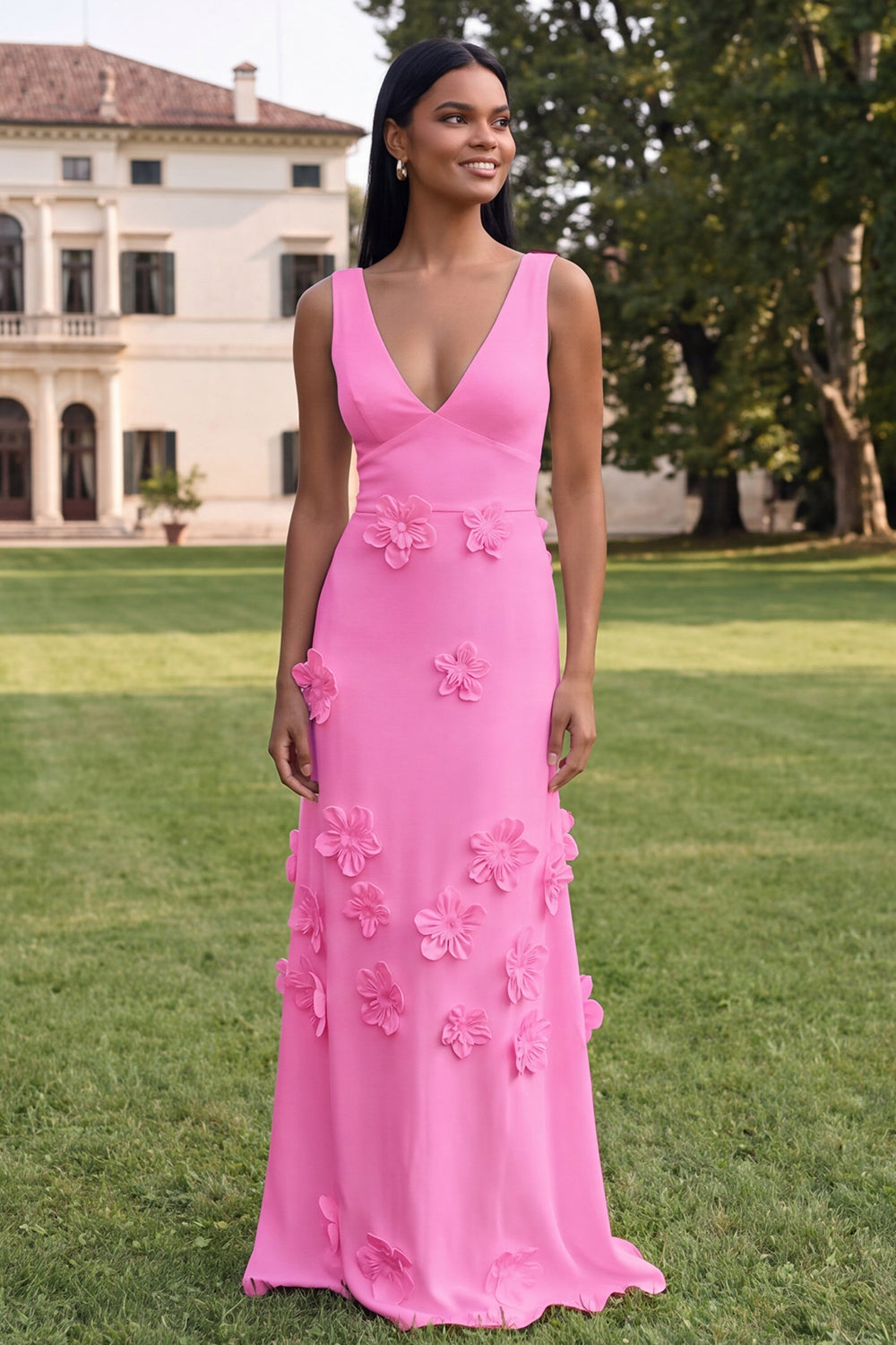 Butter Yellow Sheath V-Neck Floral Long Wedding Guest Dress