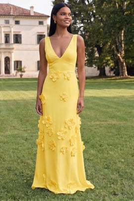 Butter Yellow Sheath V-Neck Floral Long Wedding Guest Dress