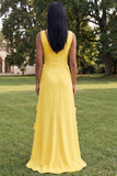 Butter Yellow Sheath V-Neck Floral Long Wedding Guest Dress