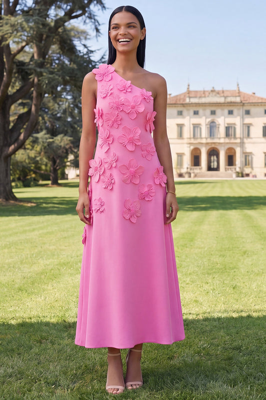 Floral Hot Pink One Shoulder A Line Maxi Wedding Guest Dress