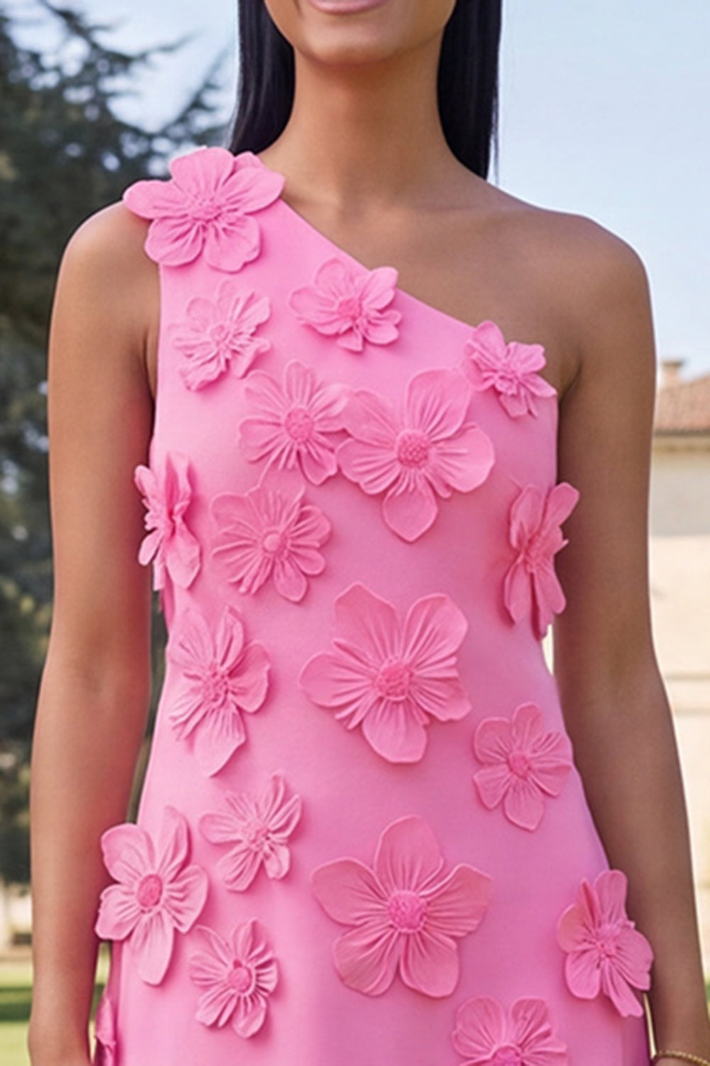 Floral Hot Pink One Shoulder A Line Maxi Wedding Guest Dress