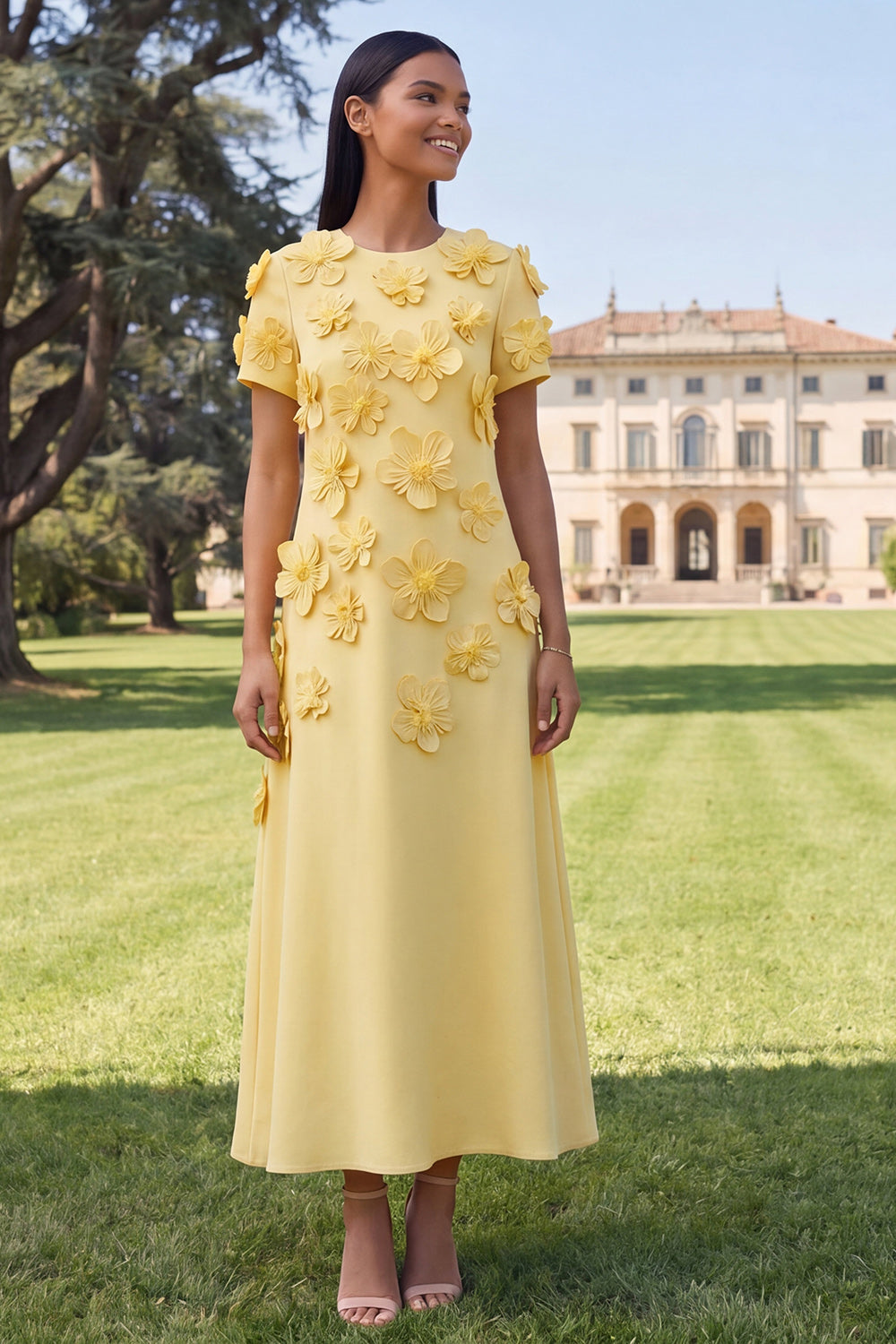 Butter Yellow A Line Round Neck Floral Maxi Wedding Guest Dress with Sleeves