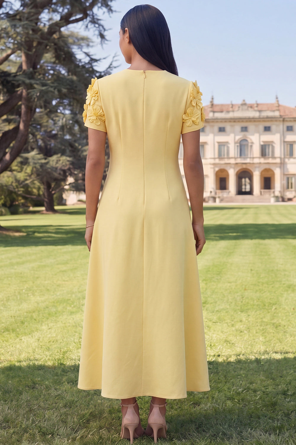Butter Yellow A Line Round Neck Floral Maxi Wedding Guest Dress with Sleeves