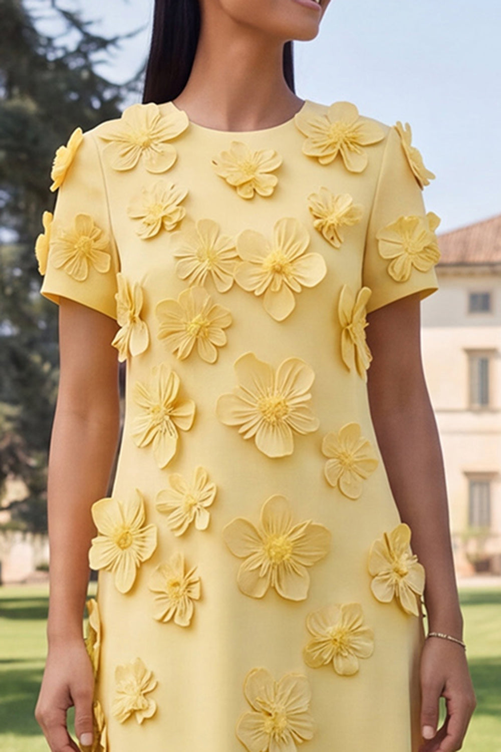 Butter Yellow A Line Round Neck Floral Maxi Wedding Guest Dress with Sleeves