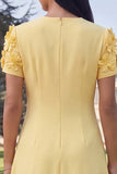 Butter Yellow A Line Round Neck Floral Maxi Wedding Guest Dress with Sleeves