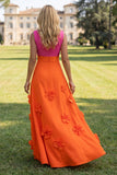 Fuchsia and Orange V-Neck Maxi Floral A Line Color Block Wedding Guest Dress