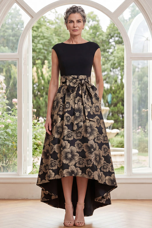 Boat Neck Black Floral A Line Long Mother of the Bride Dress with Pockets