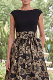 Boat Neck Black Floral A Line Long Mother of the Bride Dress with Pockets