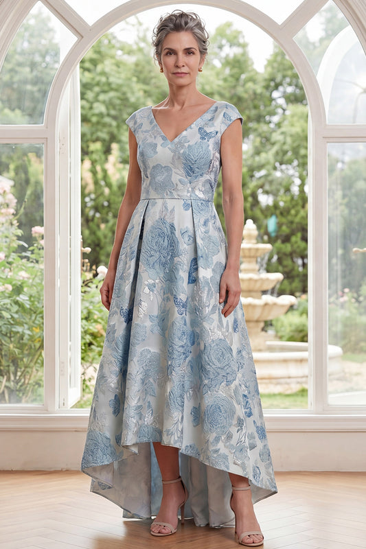 V-Neck Blue Floral A Line Long Mother of the Bride Dress
