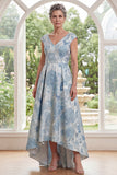 V-Neck Blue Floral A Line Long Mother of the Bride Dress