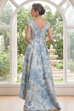 V-Neck Blue Floral A Line Long Mother of the Bride Dress