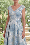 V-Neck Blue Floral A Line Long Mother of the Bride Dress