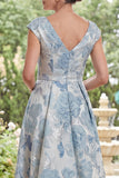 V-Neck Blue Floral A Line Long Mother of the Bride Dress