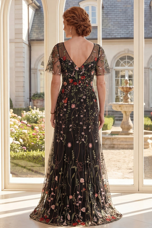 Black V-Neck Floral A Line Long Mother of the Bride Dress