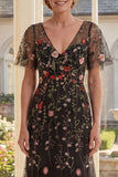 Black V-Neck Floral A Line Long Mother of the Bride Dress