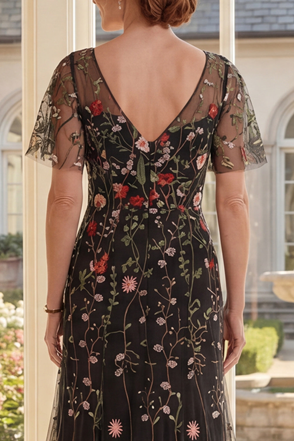 Black V-Neck Floral A Line Long Mother of the Bride Dress