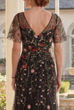 Black V-Neck Floral A Line Long Mother of the Bride Dress