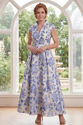 Cap Sleeves White Blue Flower A Line Long Mother of the Bride Dress