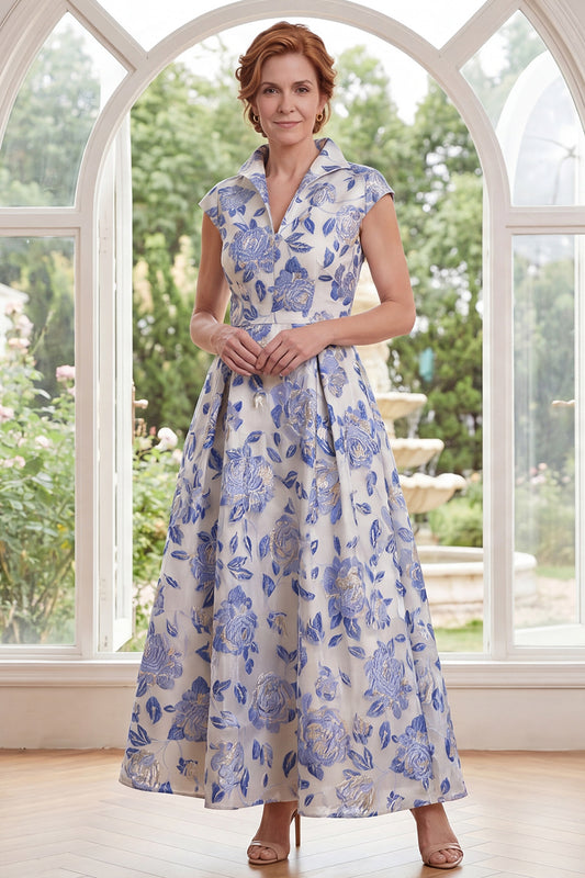 Cap Sleeves White Blue Flower A Line Long Mother of the Bride Dress