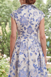 Cap Sleeves White Blue Flower A Line Long Mother of the Bride Dress