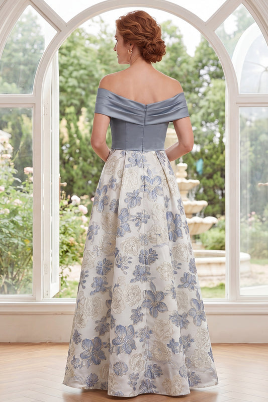Dusty Blue Off the Shoulder Floral A Line Long Mother of the Bride Dress with Slit