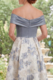 Dusty Blue Off the Shoulder Floral A Line Long Mother of the Bride Dress with Slit