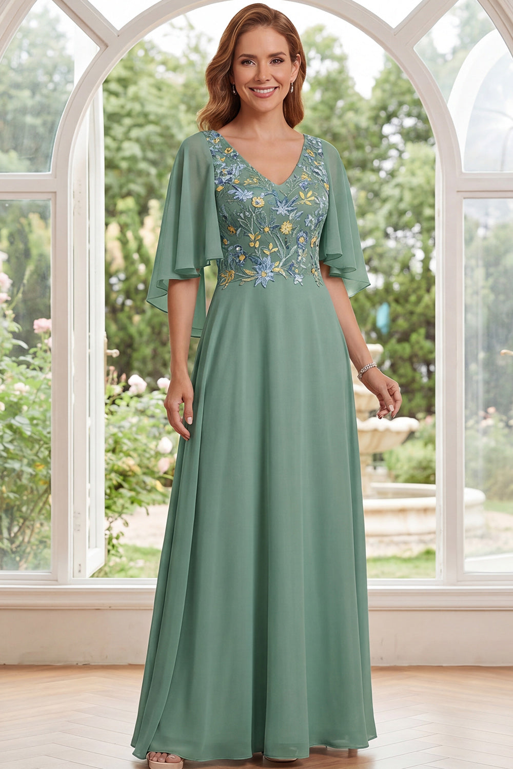 Zapaka Women Sage Green A-Line Mother Of the Bride Dress with Flutter Sleeves Chiffon V-Neck Floral Embroidered Long Wedding Guest Dress, Sage Green