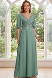 Sage Green V-Neck Floral A Line Long Mother of the Bride Dress