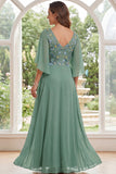 Sage Green V-Neck Floral A Line Long Mother of the Bride Dress