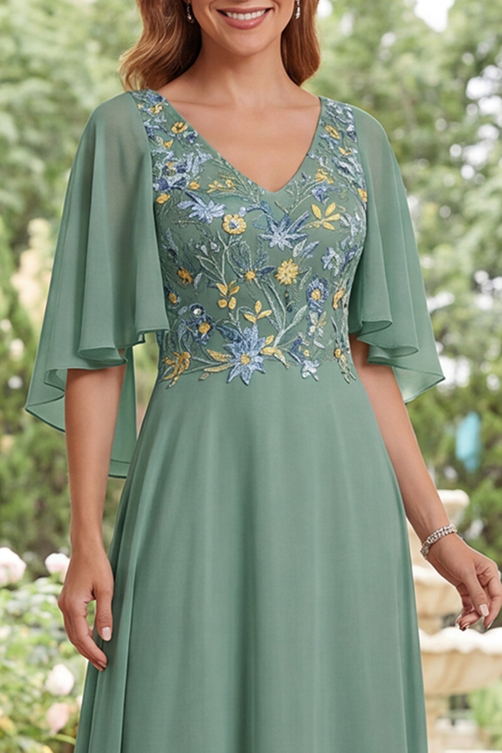 Sage Green V-Neck Floral A Line Long Mother of the Bride Dress