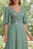 Sage Green V-Neck Floral A Line Long Mother of the Bride Dress