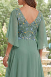 Sage Green V-Neck Floral A Line Long Mother of the Bride Dress