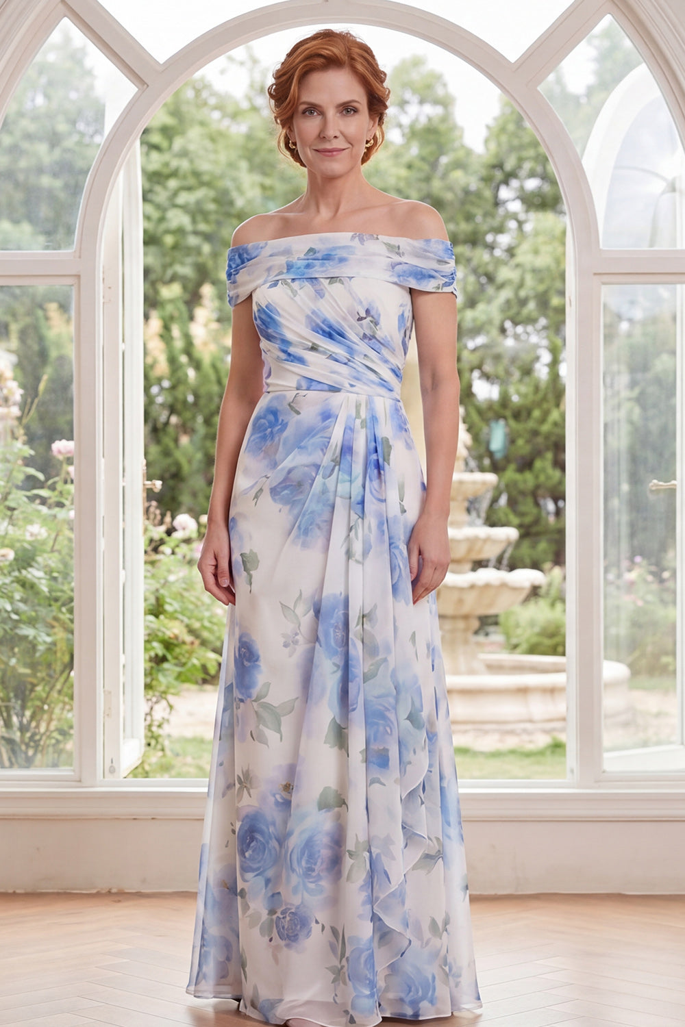 White Blue Flower A Line Ruched Long Mother of the Bride Dress