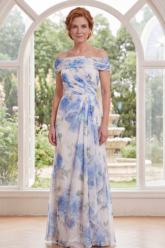 White Blue Flower A Line Ruched Long Mother of the Bride Dress