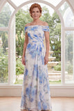 White Blue Flower A Line Ruched Long Mother of the Bride Dress