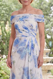 White Blue Flower A Line Ruched Long Mother of the Bride Dress