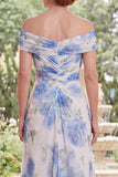 White Blue Flower A Line Ruched Long Mother of the Bride Dress