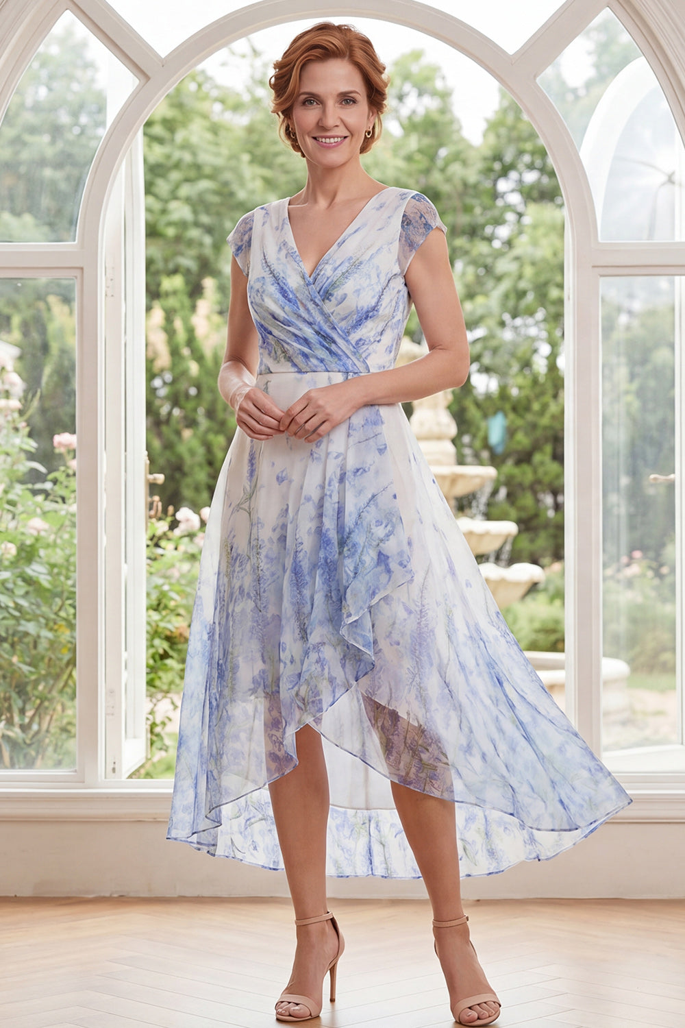 White Blue Flower A Line Long V-Neck Mother of the Bride Dress with Ruffles