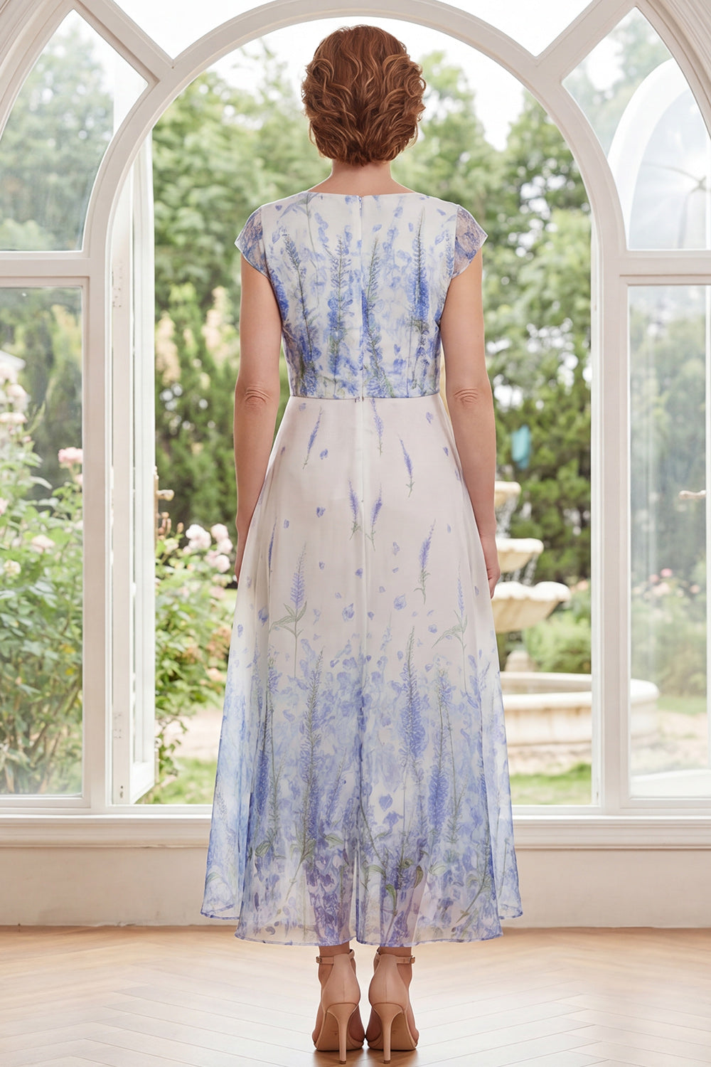 White Blue Flower A Line Long V-Neck Mother of the Bride Dress with Ruffles