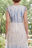 White Blue Flower A Line Long V-Neck Mother of the Bride Dress with Ruffles