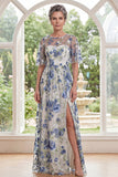 Blue Flower Boat Neck A Line Long Mother of the Bride Dress with Slit