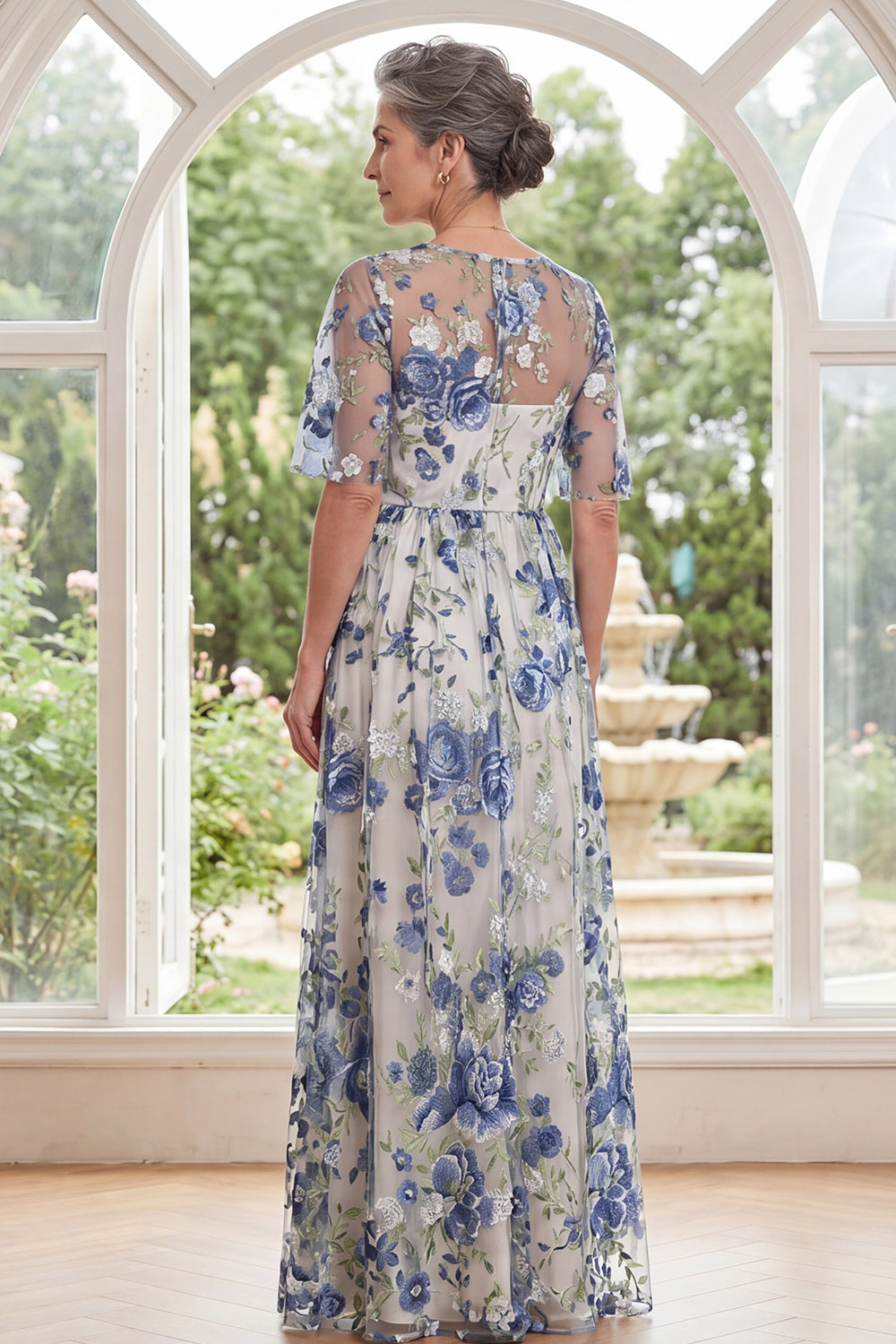 Blue Flower Boat Neck A Line Long Mother of the Bride Dress with Slit