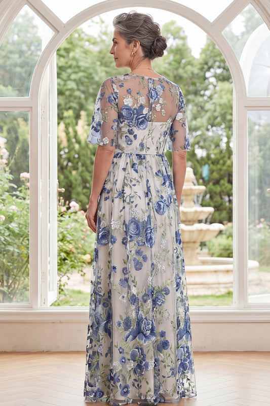 Blue Flower Boat Neck A Line Long Mother of the Bride Dress with Slit